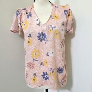 HARVE Benard Spring Floral Spotted Ruffle Lightweight Airy Flowy Blouse S Pink